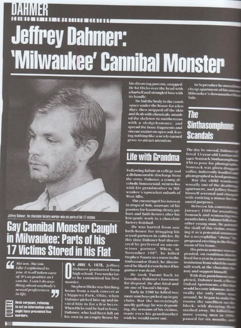 Ritaglio di giornale con foto di Jeffrey Dahmer, e la dicitura "Gay Cannibal Monster"